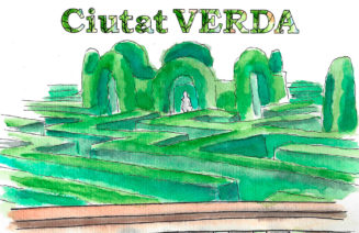 Dibuix del Parc del Laberint i logo del cicle Ciutat Verda, sobre corredors, vegetació, verd urbà, ecologia, platges, medi ambient, natura, parcs urbans, salut, ciutat i il·lustració