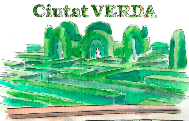 Dibuix del Parc del Laberint i logo del cicle Ciutat Verda, sobre corredors, vegetació, verd urbà, ecologia, platges, medi ambient, natura, parcs urbans, salut, ciutat i il·lustració