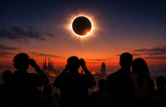 Imatge d'un eclipsi de sol total amb vistes a Barcelona.