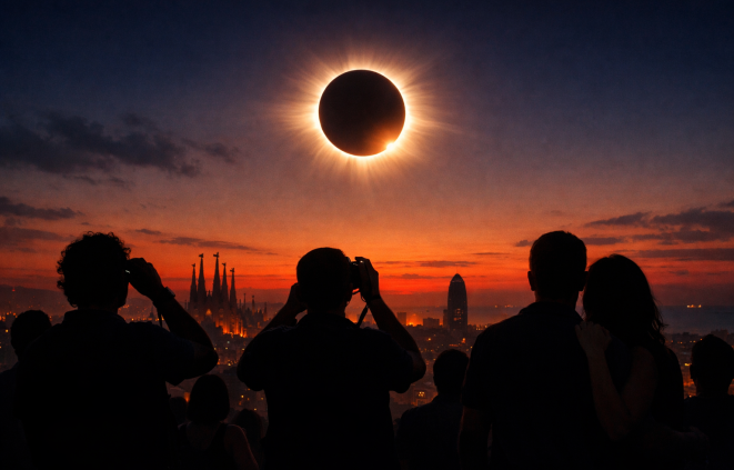 Imatge d'un eclipsi de sol total amb vistes a Barcelona.